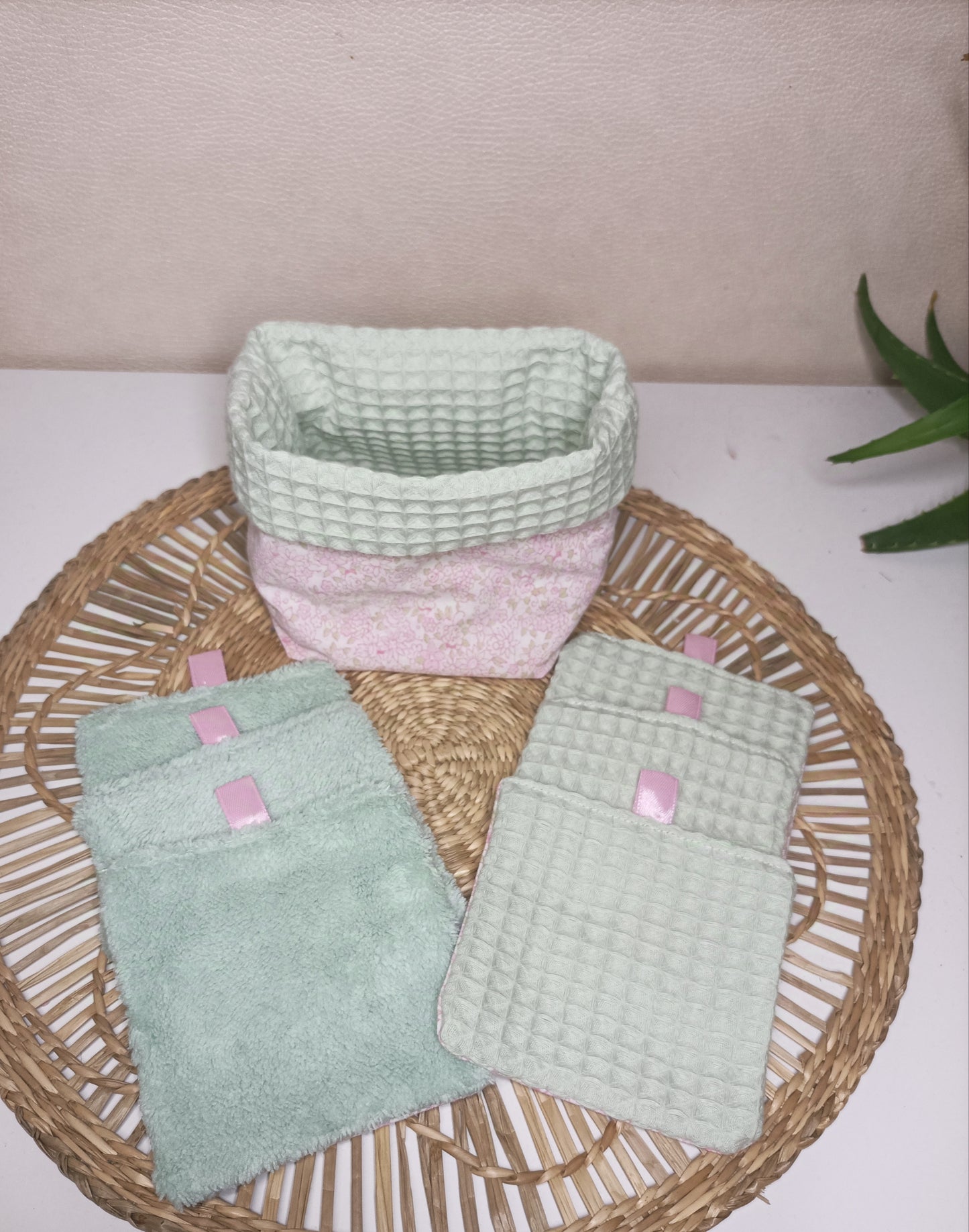 Set de 6 Lingettes Démaquillantes Lavables et Panière "Le Rosé"